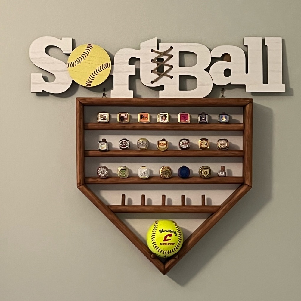 Customizable Ring and ball displays. Softball and baseball home plate.